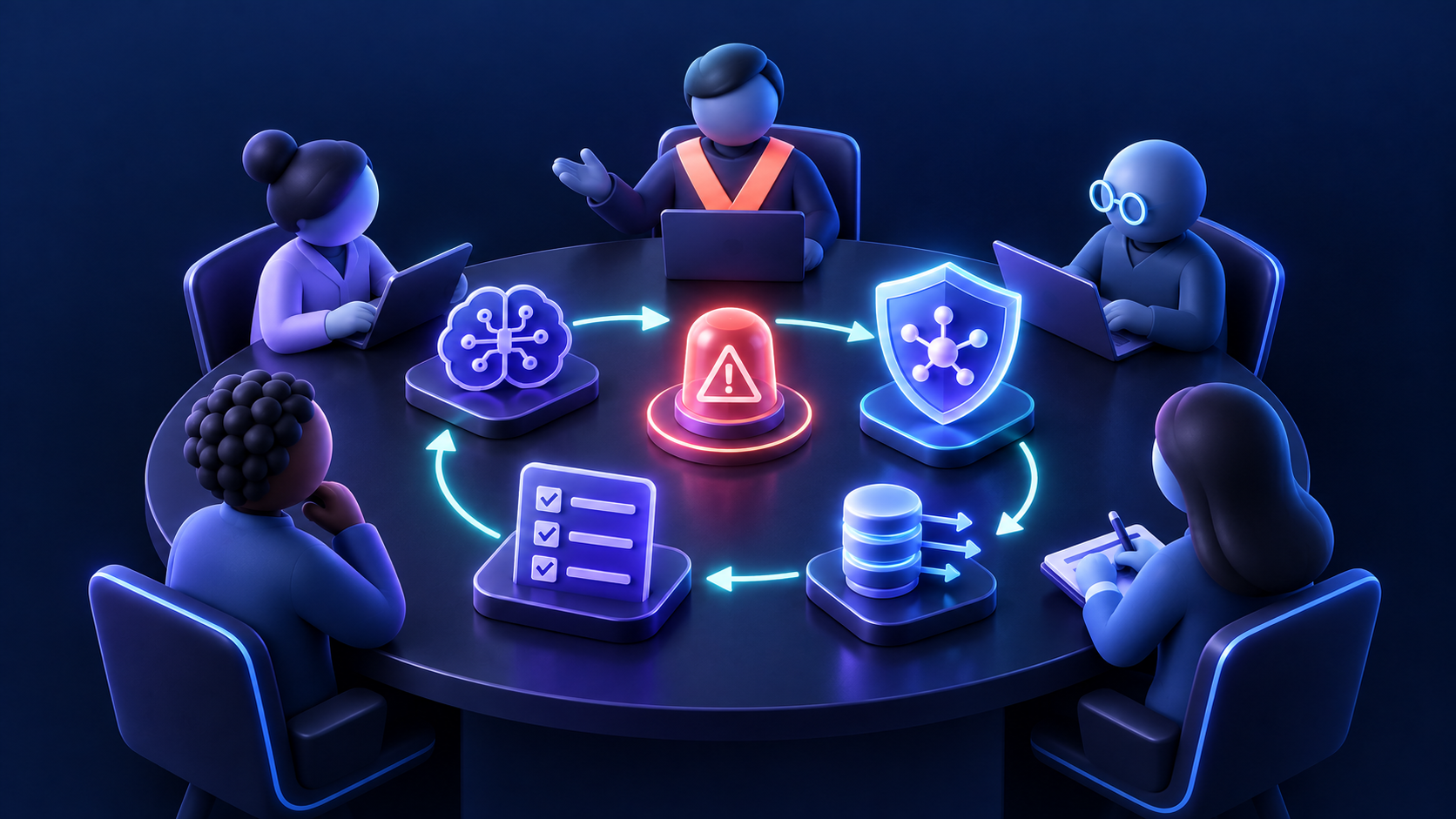 Editorial illustration of a cross-functional security team rehearsing an incident response around a tabletop.